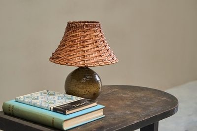 French Olive Green Glazed Studio Pottery Table Lamp with Rattan Shade 1960s