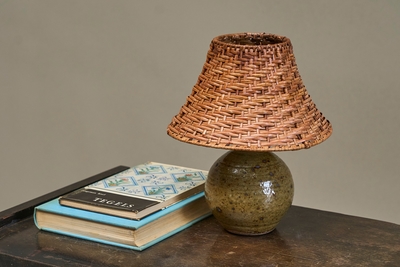 French Olive Green Glazed Studio Pottery Table Lamp with Rattan Shade 1960s
