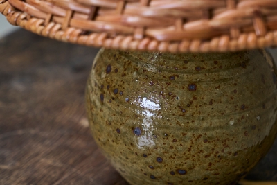 French Olive Green Glazed Studio Pottery Table Lamp with Rattan Shade 1960s
