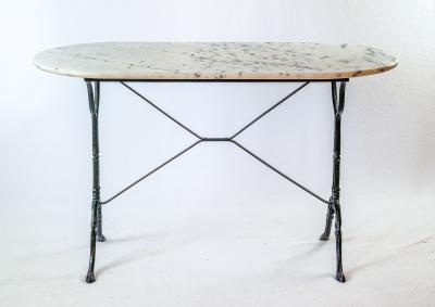 French Oval Bistro Table with Cast Iron Base and Marble Top c 1940