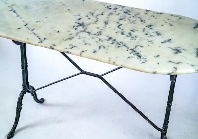 French Oval Bistro Table with Cast Iron Base and Marble Top c 1940