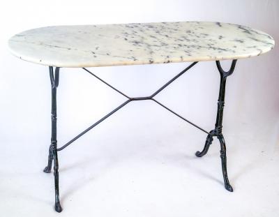 French Oval Bistro Table with Cast Iron Base and Marble Top c 1940