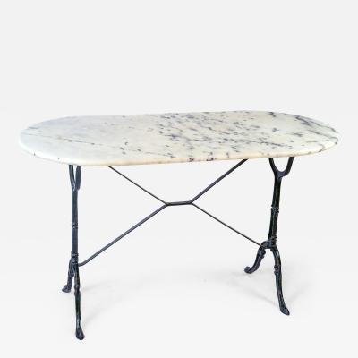 French Oval Bistro Table with Cast Iron Base and Marble Top c 1940