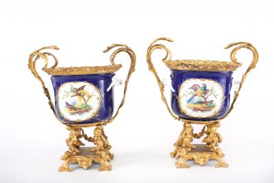 French Pair Gilt Bronze Mounted Porcelain Pair Urns Vases