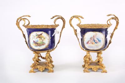 French Pair Gilt Bronze Mounted Porcelain Pair Urns Vases