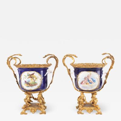 French Pair Gilt Bronze Mounted Porcelain Pair Urns Vases