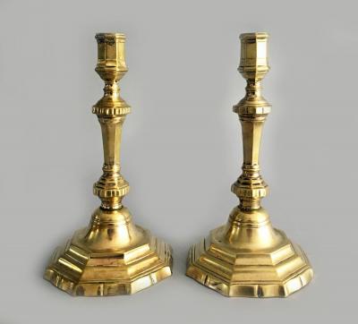 French Pair Louis XV 18th Century Brass Candlesticks