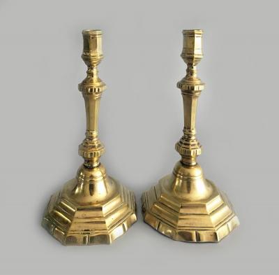 French Pair Louis XV 18th Century Brass Candlesticks