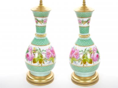 French Pair Neoclassical Floral Paris Porcelain Urns Mounted Lamps Circa 1800