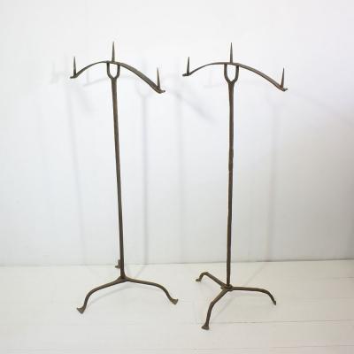 French Pair of 17th Century Hand Forged Iron Candleholders