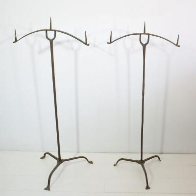 French Pair of 17th Century Hand Forged Iron Candleholders