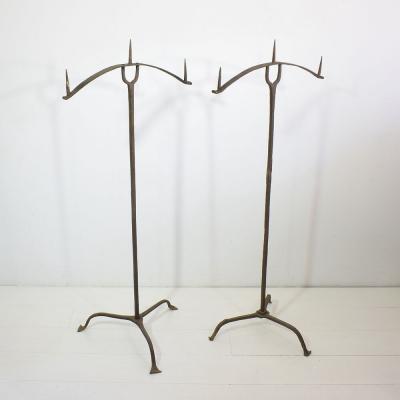French Pair of 17th Century Hand Forged Iron Candleholders