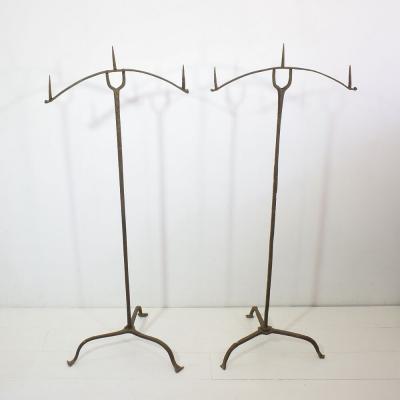 French Pair of 17th Century Hand Forged Iron Candleholders