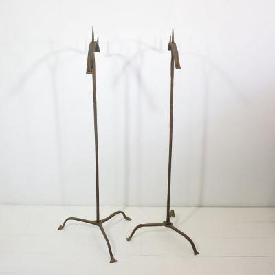 French Pair of 17th Century Hand Forged Iron Candleholders