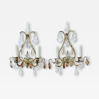 French Pair of 19th Century Brass Crystal Sconces