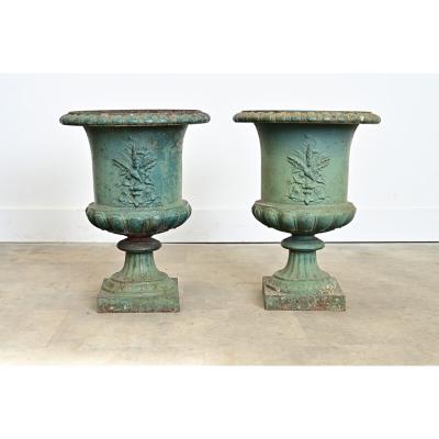French Pair of 19th Century Cast Iron Urn Planters