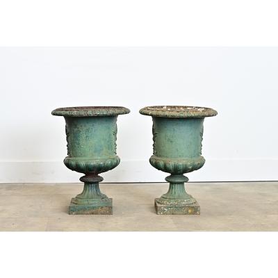 French Pair of 19th Century Cast Iron Urn Planters
