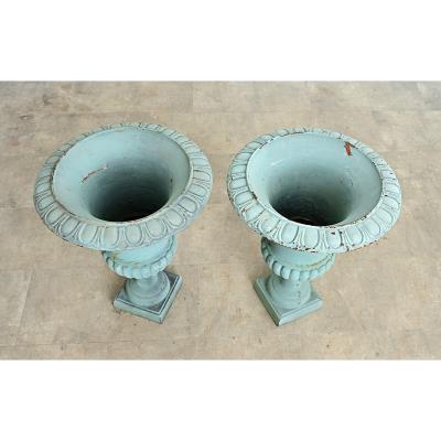 French Pair of 19th Century Cast Iron Urns