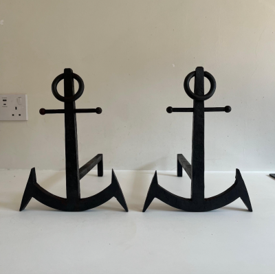 French Pair of Anchor Metal Fire Place Andirons circa 1950