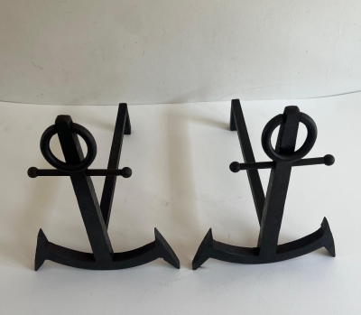 French Pair of Anchor Metal Fire Place Andirons circa 1950