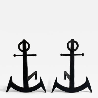 French Pair of Anchor Metal Fire Place Andirons circa 1950