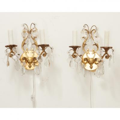 French Pair of Brass Crystal Sconces