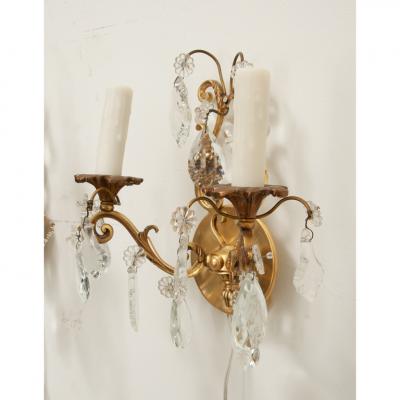 French Pair of Brass Crystal Sconces