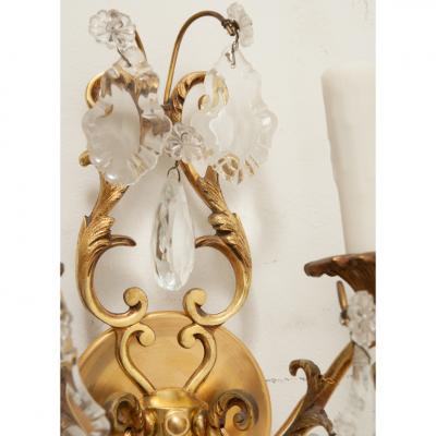 French Pair of Brass Crystal Sconces