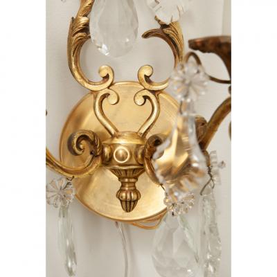 French Pair of Brass Crystal Sconces