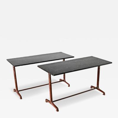 French Pair of Fossil Marble Iron Trestle Base Bistro Tables