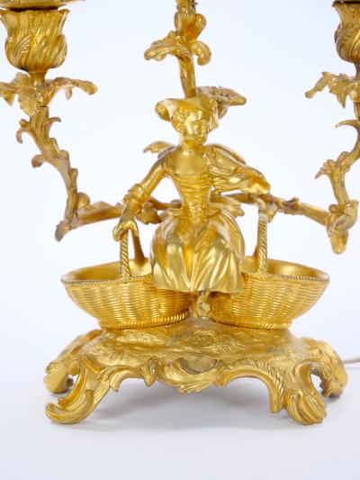 French Pair of Gilt Bronze Louis XVI Style Three Light Candelabra Table Lamps