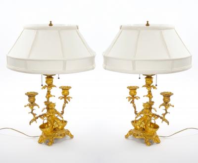 French Pair of Gilt Bronze Louis XVI Style Three Light Candelabra Table Lamps