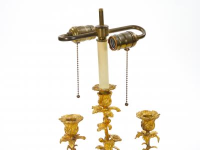 French Pair of Gilt Bronze Louis XVI Style Three Light Candelabra Table Lamps