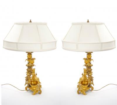 French Pair of Gilt Bronze Louis XVI Style Three Light Candelabra Table Lamps