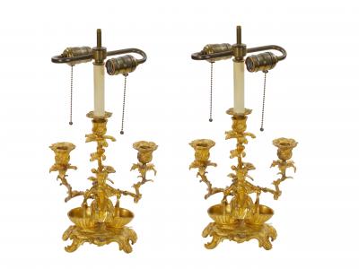 French Pair of Gilt Bronze Louis XVI Style Three Light Candelabra Table Lamps