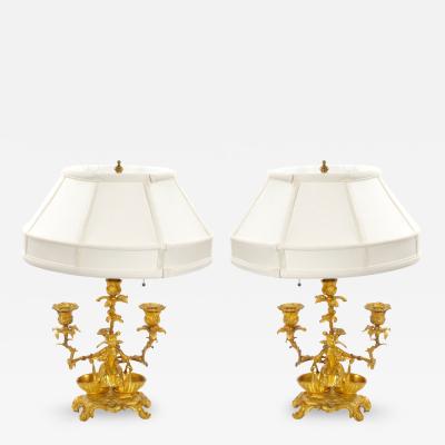 French Pair of Gilt Bronze Louis XVI Style Three Light Candelabra Table Lamps