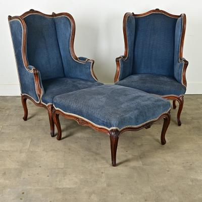 French Pair of Louis XV Wingback Bergeres Ottoman
