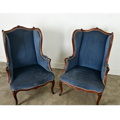 French Pair of Louis XV Wingback Bergeres Ottoman