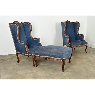 French Pair of Louis XV Wingback Bergeres Ottoman