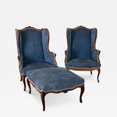 French Pair of Louis XV Wingback Bergeres Ottoman