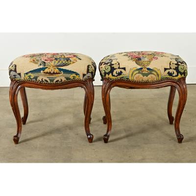 French Pair of Louis XV style Stools with Needlepoint