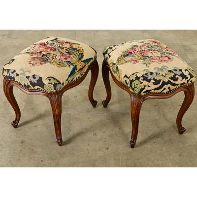 French Pair of Louis XV style Stools with Needlepoint