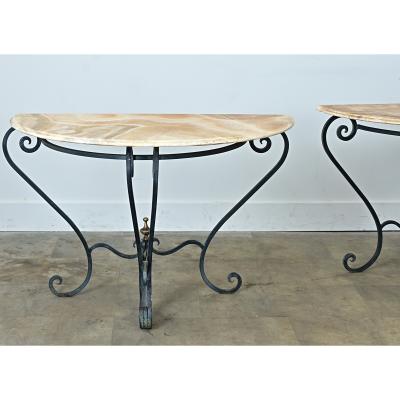 French Pair of Onyx Iron Demilune Consoles