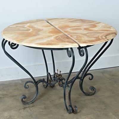 French Pair of Onyx Iron Demilune Consoles