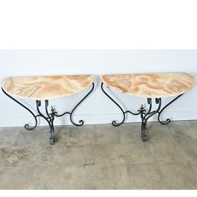 French Pair of Onyx Iron Demilune Consoles