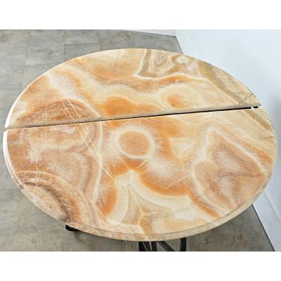 French Pair of Onyx Iron Demilune Consoles