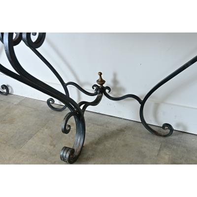 French Pair of Onyx Iron Demilune Consoles