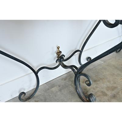 French Pair of Onyx Iron Demilune Consoles