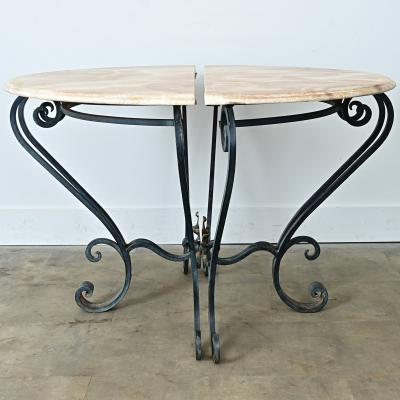 French Pair of Onyx Iron Demilune Consoles
