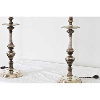 French Pair of Tall Silverplate Candlestick Lamps